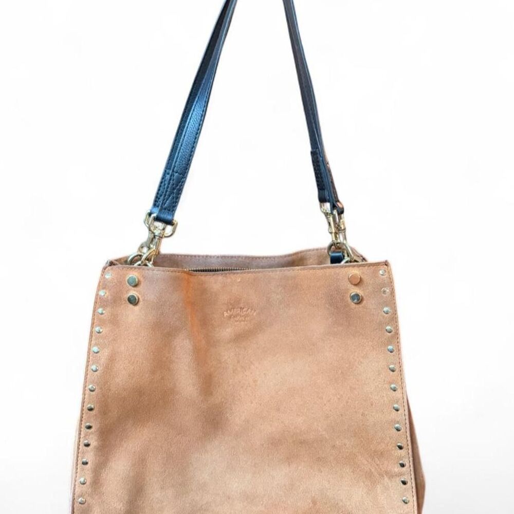 American Leather Co Lenox Studded Triple Entry Tan Suede Leather Satchel